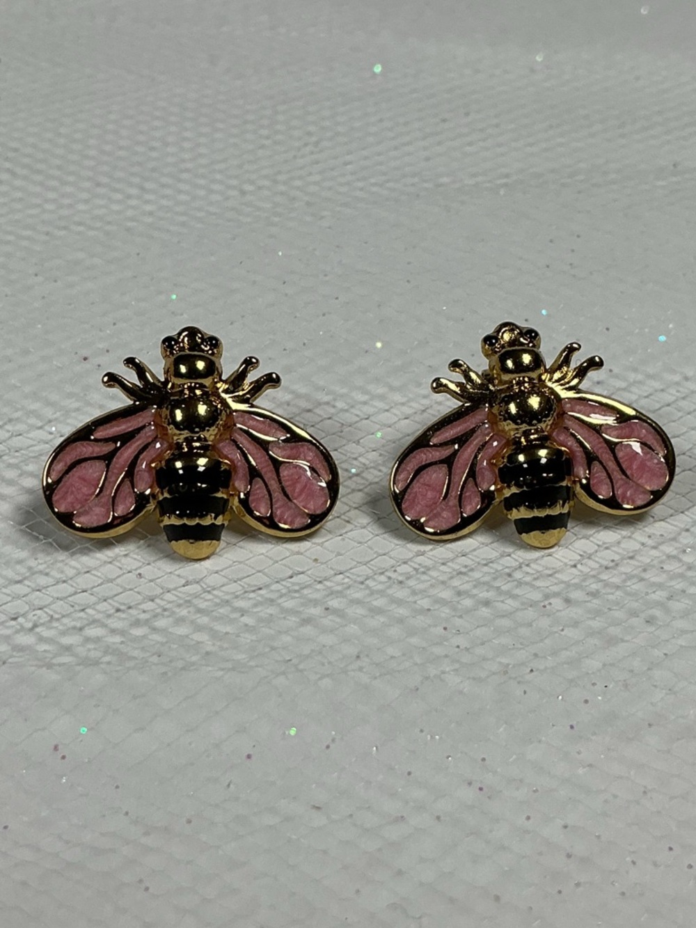 Pink & Black Bee Earrings Hand Painted Enamel Hypoallergenic Post Drop Goldtone - Picture 2 of 16